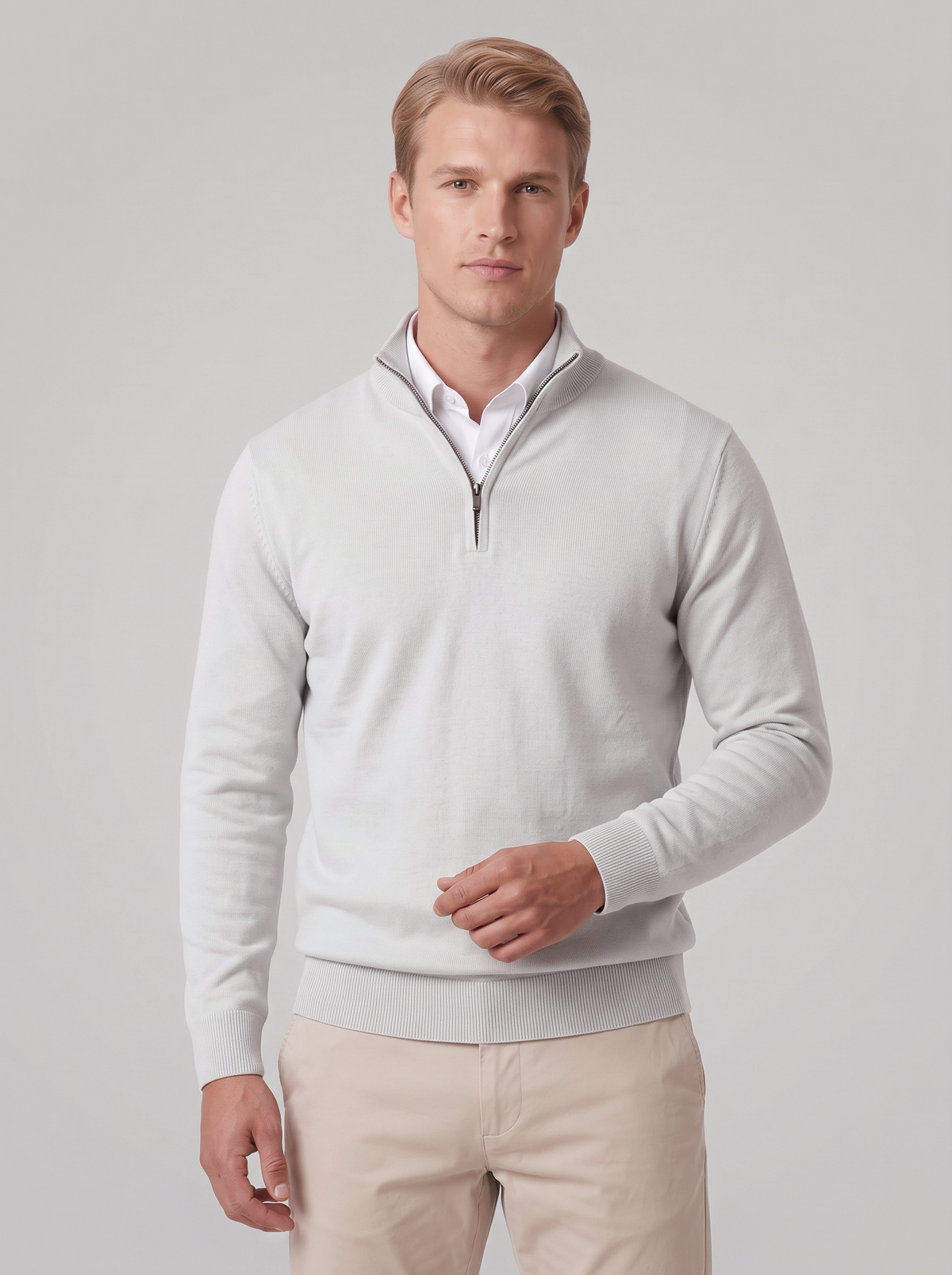 James | Men’s Quarter-Zip Jumper | Stand Collar Ribbed Cuffs Everyday Wear - white, front view, image 26 - Glorysoul