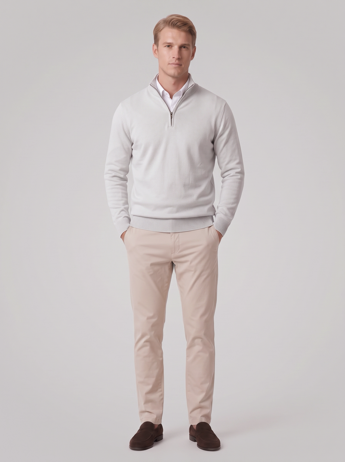 James | Men’s Quarter-Zip Jumper | Stand Collar Ribbed Cuffs Everyday Wear - white, full-length view, image 29 - Glorysoul