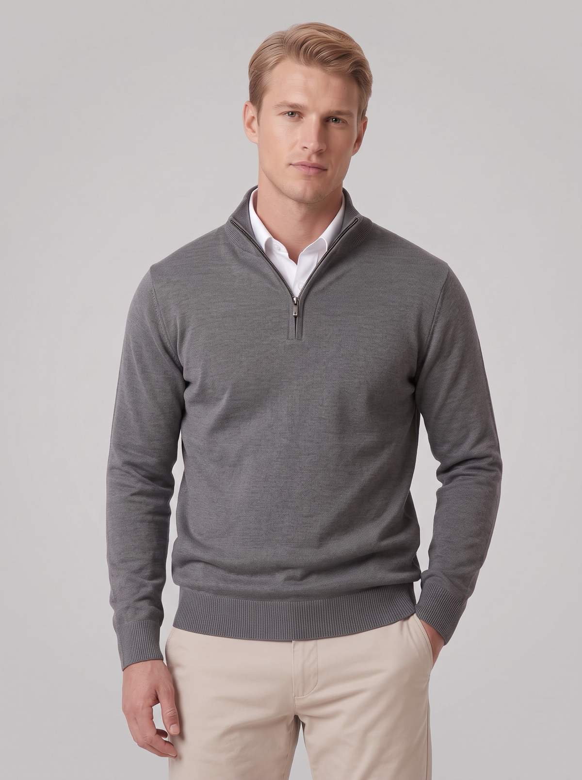 James | Men’s Quarter-Zip Jumper | Stand Collar Ribbed Cuffs Everyday Wear - dark grey, front view, image 31 - Glorysoul