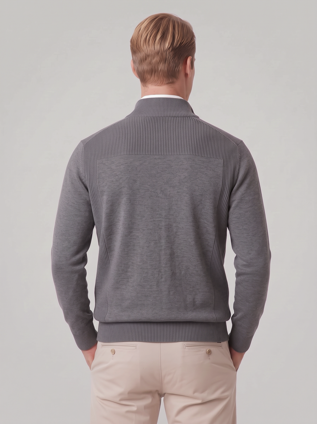 James | Men’s Quarter-Zip Jumper | Stand Collar Ribbed Cuffs Everyday Wear - dark grey, back view, image 32 - Glorysoul