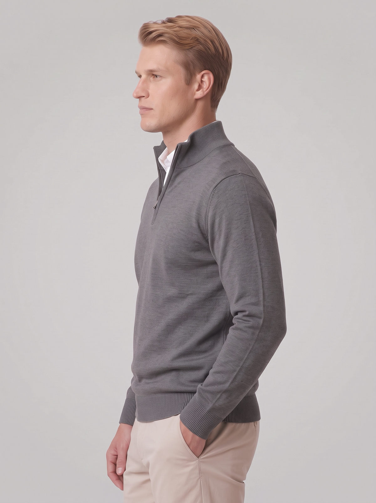James | Men’s Quarter-Zip Jumper | Stand Collar Ribbed Cuffs Everyday Wear - dark grey, side view, image 33 - Glorysoul