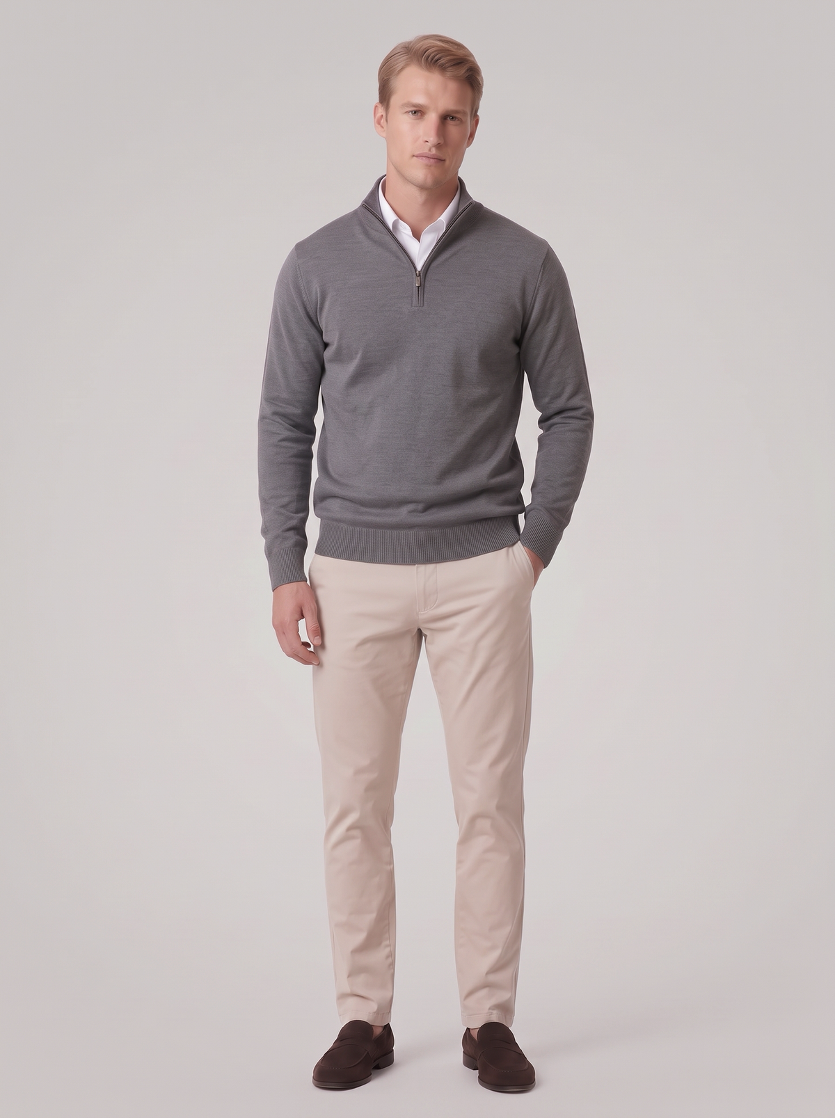 James | Men’s Quarter-Zip Jumper | Stand Collar Ribbed Cuffs Everyday Wear - dark grey, full-length view, image 34 - Glorysoul