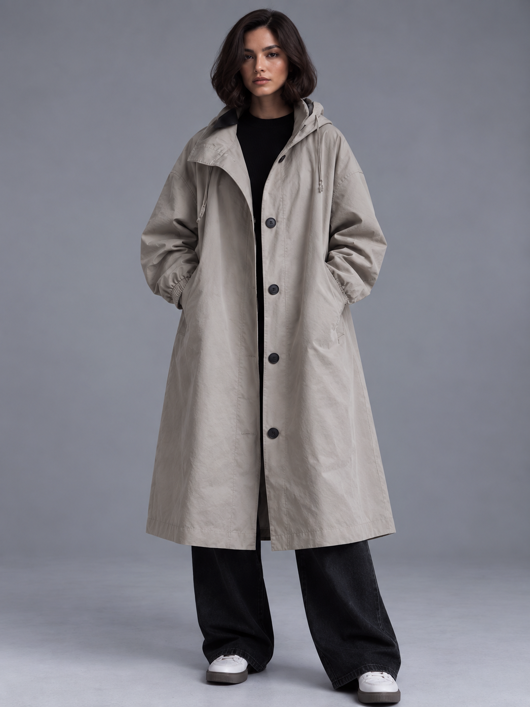 Lily | Women’s Hooded Button-Front Coat | Long Sleeves Side Pockets Everyday Wear - slate grey, model view, image 01 - Glorysoul