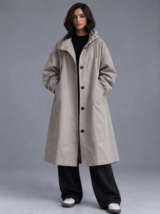 Lily | Women’s Hooded Button-Front Coat | Long Sleeves Side Pockets Everyday Wear - slate grey, model view, image 01 - Glorysoul