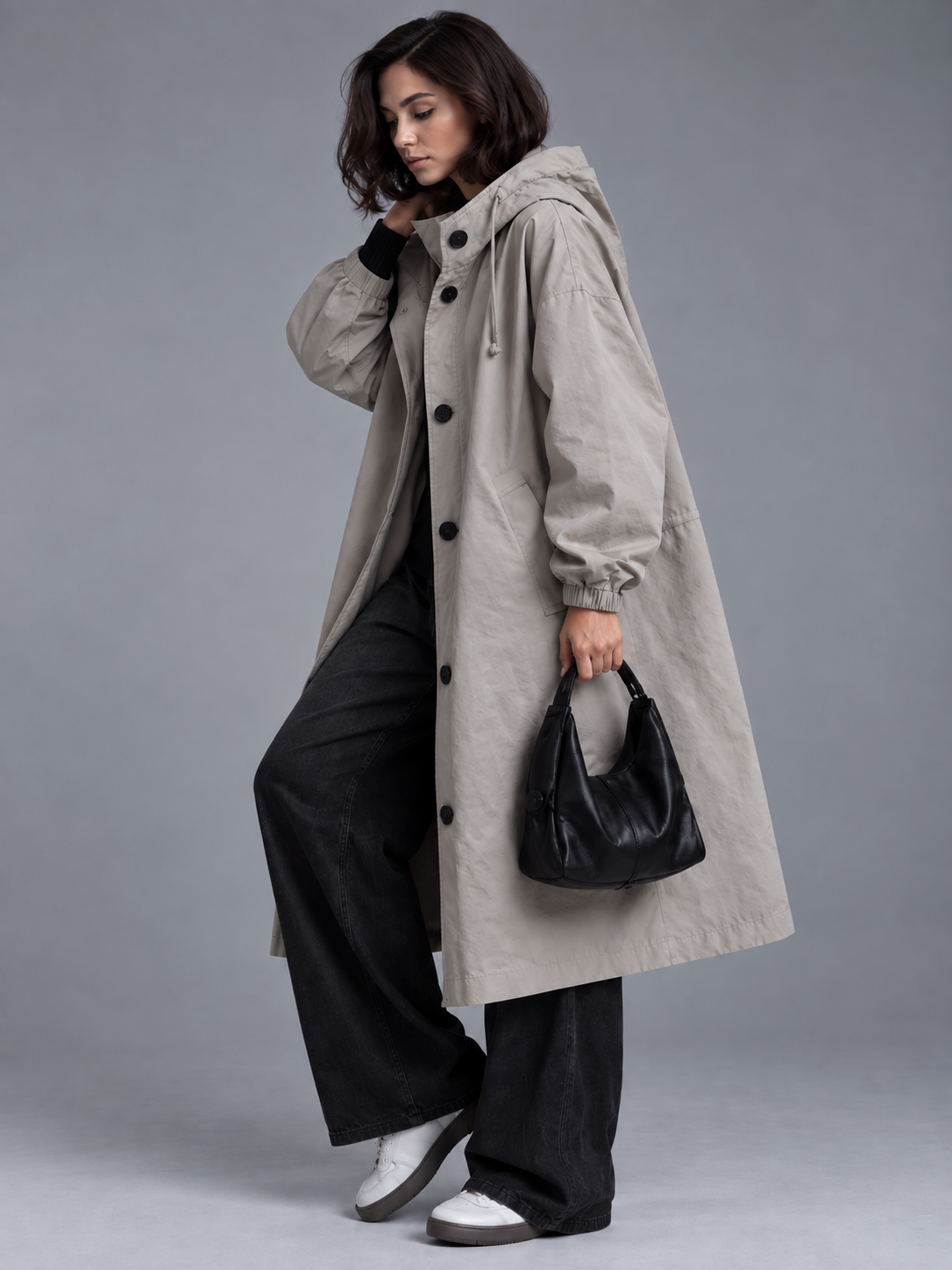 Lily | Women’s Hooded Button-Front Coat | Long Sleeves Side Pockets Everyday Wear - slate grey, model view, image 02 - Glorysoul