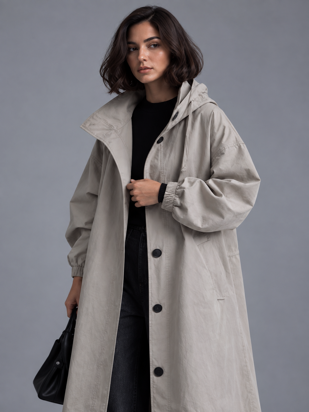 Lily | Women’s Hooded Button-Front Coat | Long Sleeves Side Pockets Everyday Wear - slate grey, model view, image 03 - Glorysoul