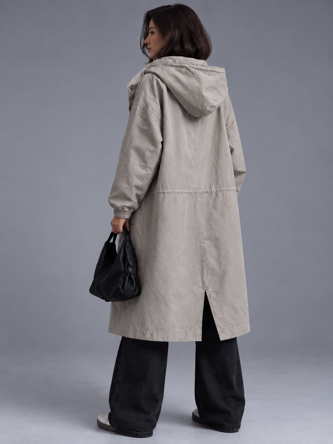 Lily | Women’s Hooded Button-Front Coat | Long Sleeves Side Pockets Everyday Wear - slate grey, model view, image 04 - Glorysoul