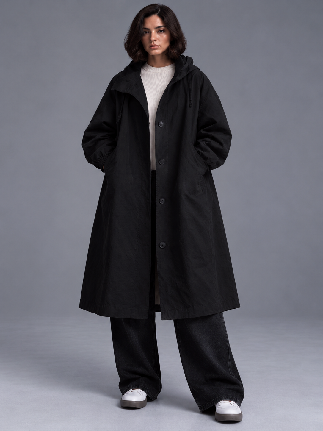Lily | Women’s Hooded Button-Front Coat | Long Sleeves Side Pockets Everyday Wear - black, model view, image 05 - Glorysoul