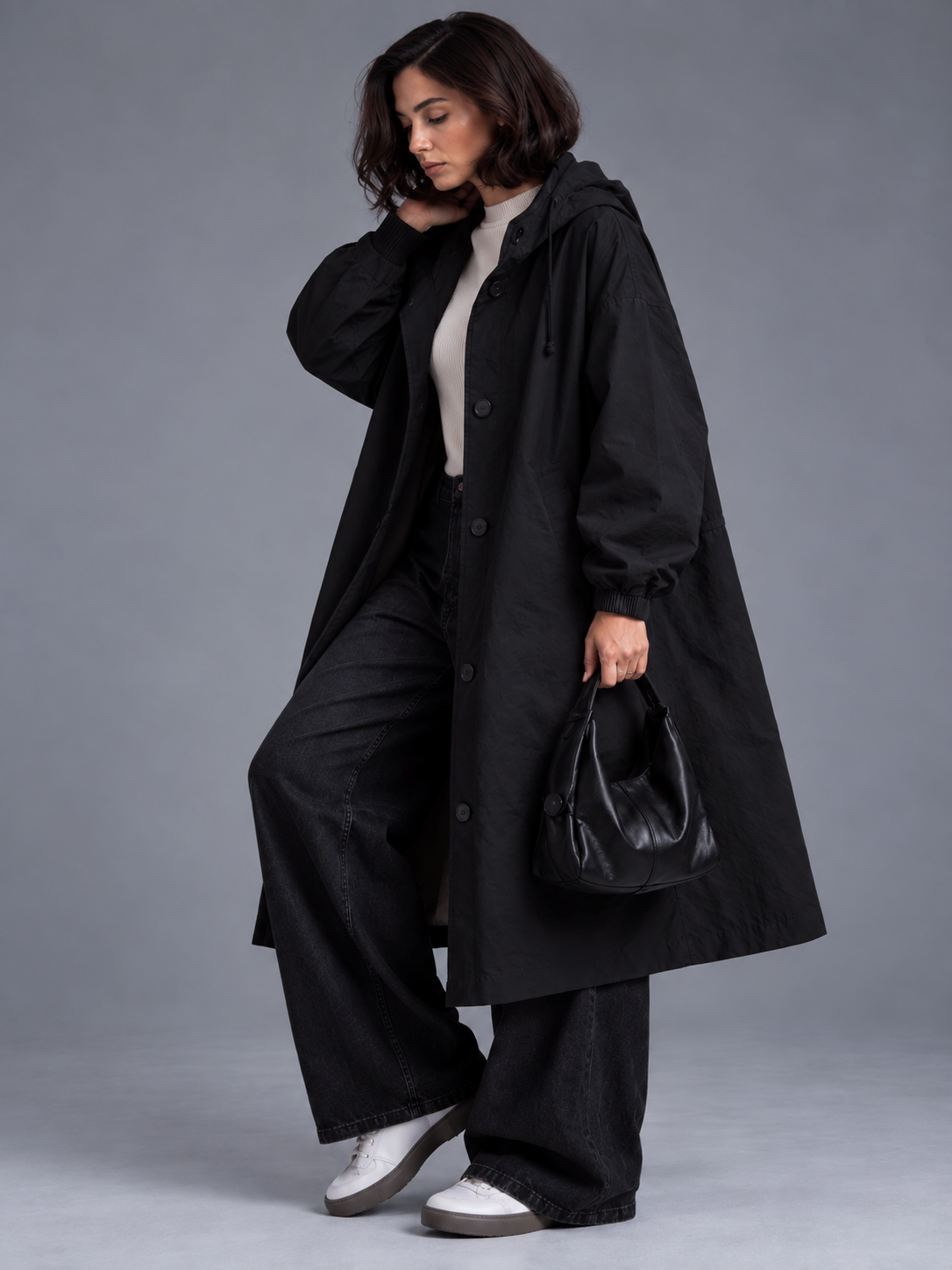 Lily | Women’s Hooded Button-Front Coat | Long Sleeves Side Pockets Everyday Wear - black, model view, image 06 - Glorysoul