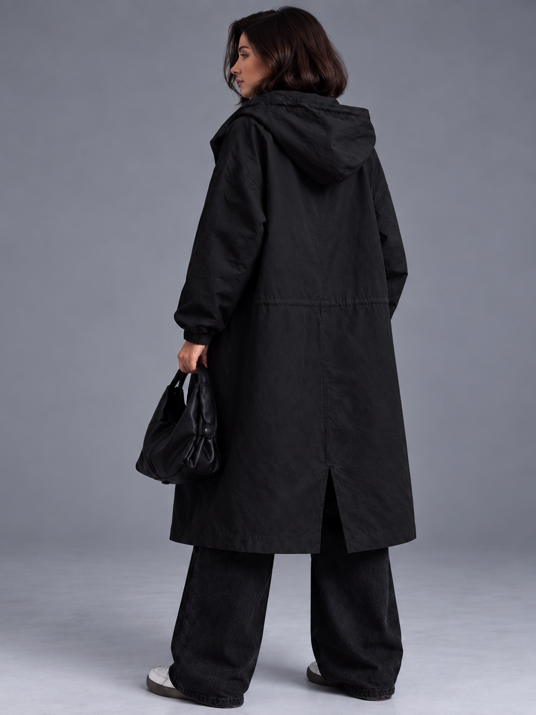 Lily | Women’s Hooded Button-Front Coat | Long Sleeves Side Pockets Everyday Wear - black, model view, image 07 - Glorysoul