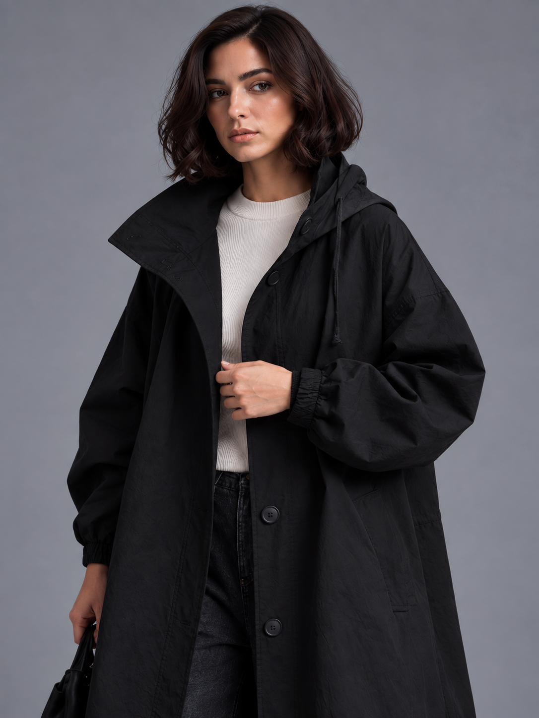 Lily | Women’s Hooded Button-Front Coat | Long Sleeves Side Pockets Everyday Wear - black, model view, image 08 - Glorysoul