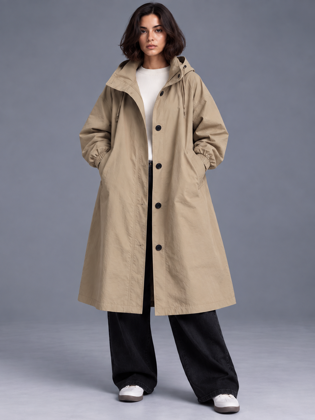 Lily | Women’s Hooded Button-Front Coat | Long Sleeves Side Pockets Everyday Wear - khaki, model view, image 09 - Glorysoul