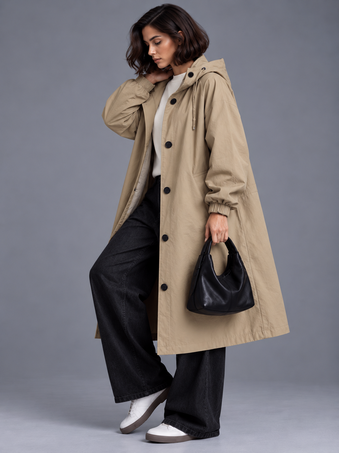 Lily | Women’s Hooded Button-Front Coat | Long Sleeves Side Pockets Everyday Wear - khaki, model view, image 10 - Glorysoul