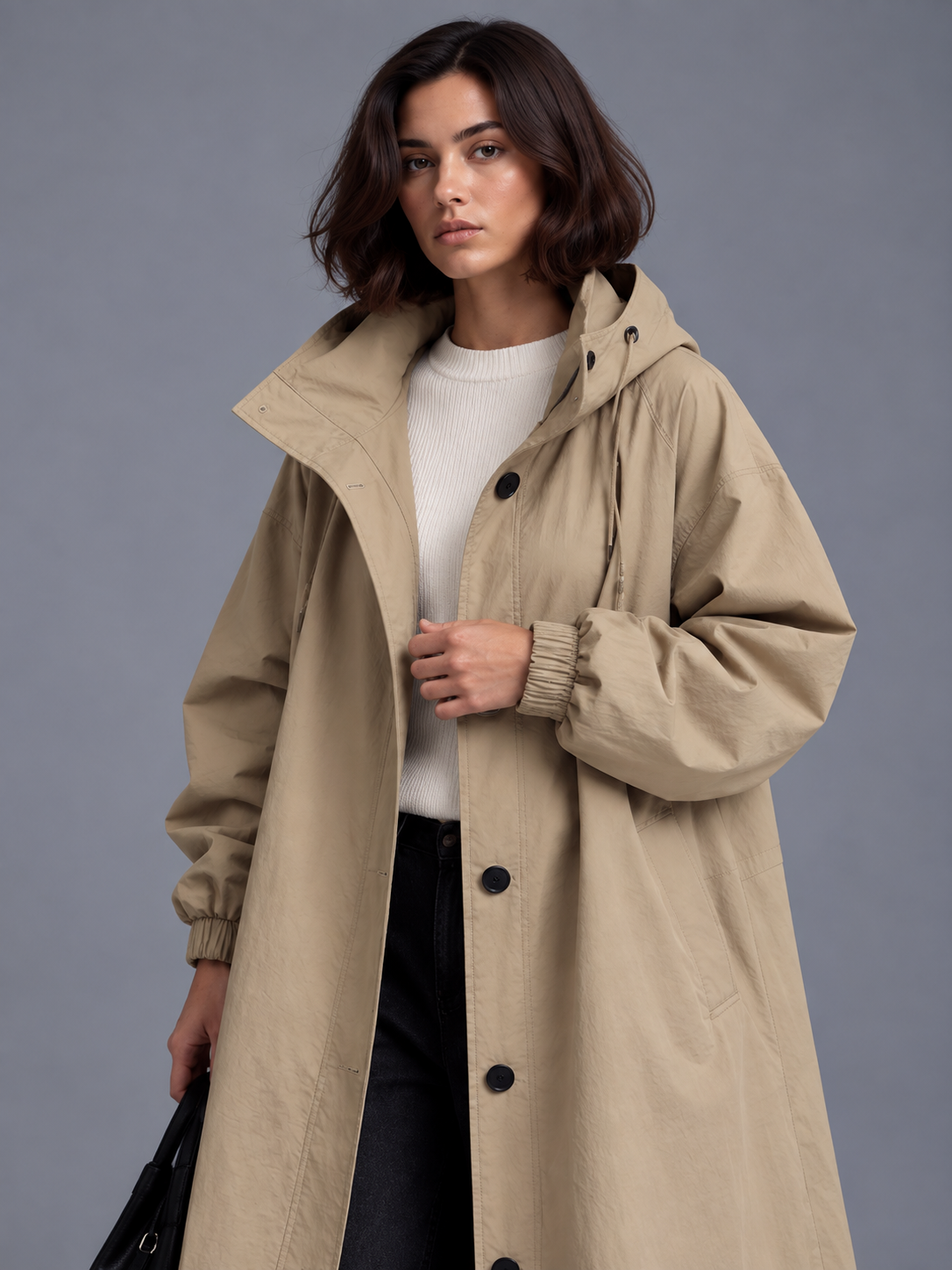 Lily | Women’s Hooded Button-Front Coat | Long Sleeves Side Pockets Everyday Wear - khaki, model view, image 11 - Glorysoul