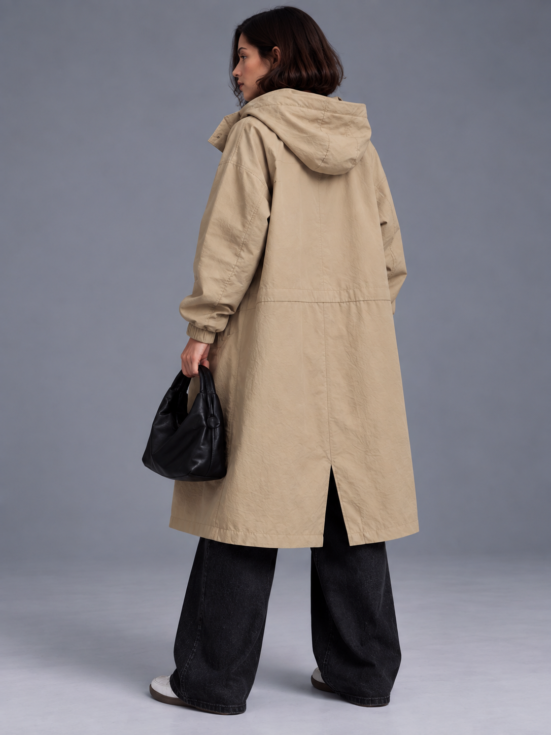 Lily | Women’s Hooded Button-Front Coat | Long Sleeves Side Pockets Everyday Wear - khaki, model view, image 12 - Glorysoul