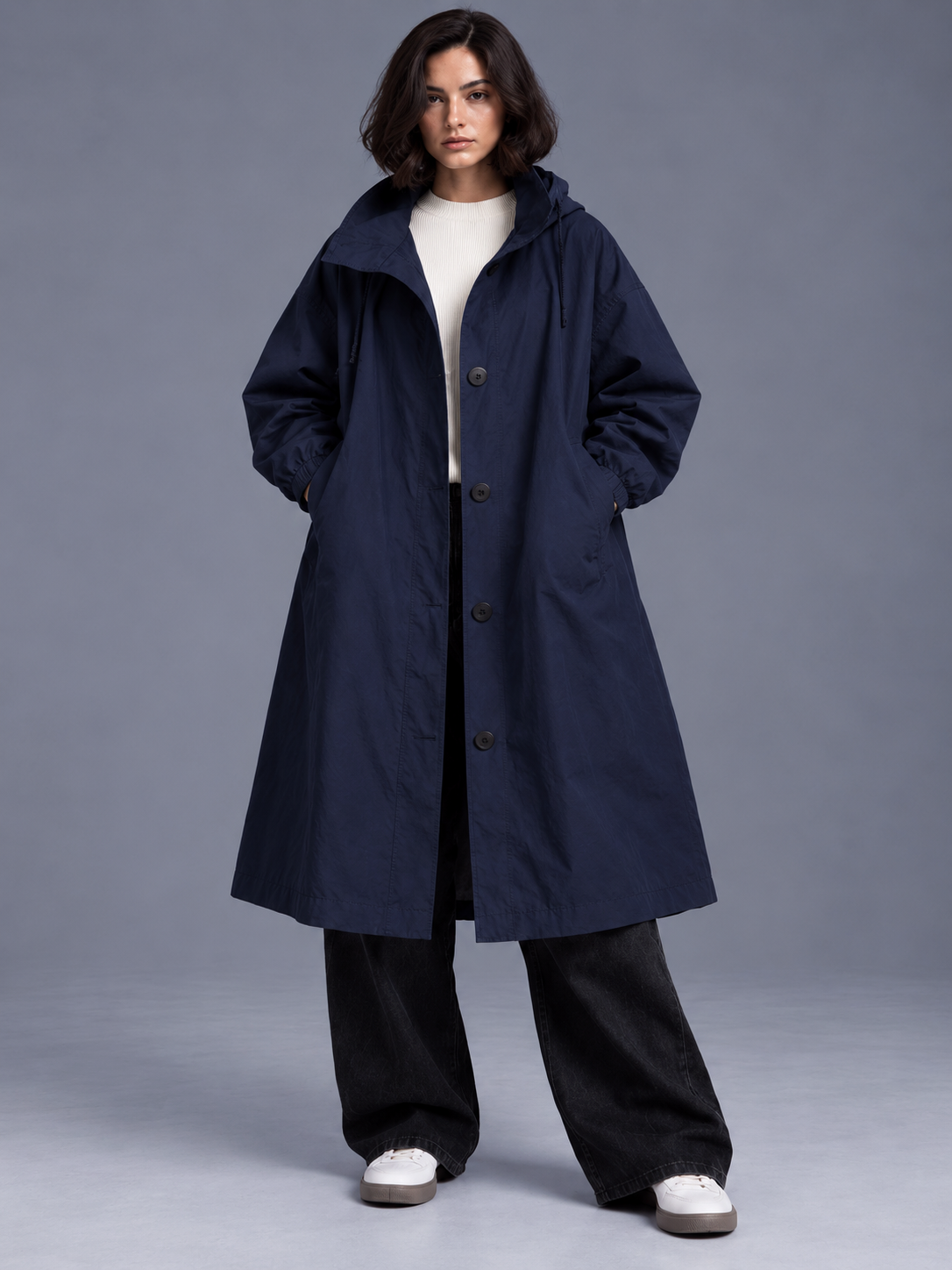 Lily | Women’s Hooded Button-Front Coat | Long Sleeves Side Pockets Everyday Wear - navy, model view, image 13 - Glorysoul