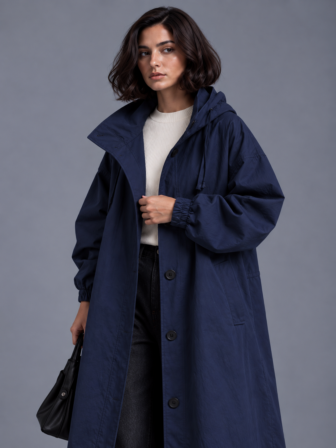 Lily | Women’s Hooded Button-Front Coat | Long Sleeves Side Pockets Everyday Wear - navy, model view, image 14 - Glorysoul