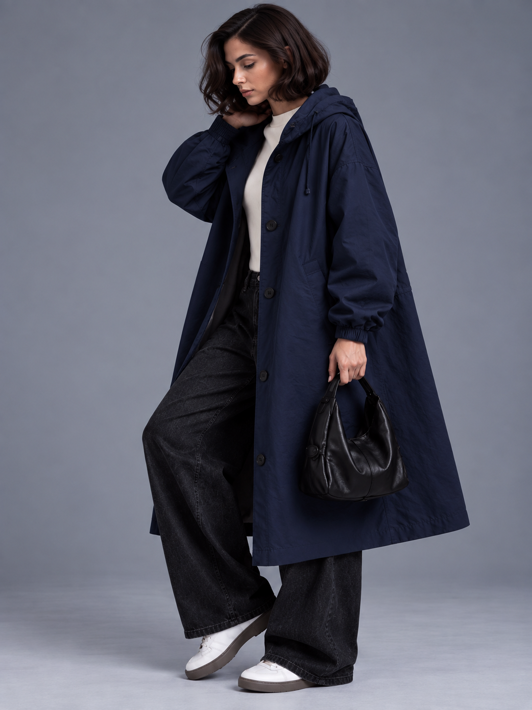 Lily | Women’s Hooded Button-Front Coat | Long Sleeves Side Pockets Everyday Wear - navy, model view, image 15 - Glorysoul