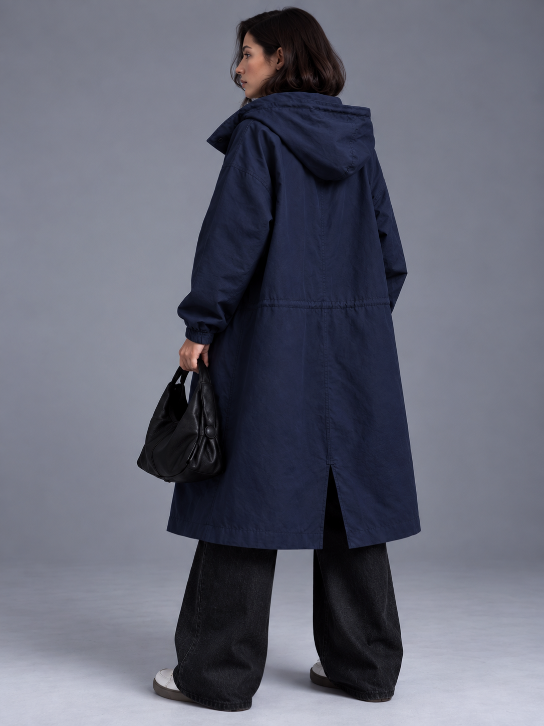 Lily | Women’s Hooded Button-Front Coat | Long Sleeves Side Pockets Everyday Wear - navy, model view, image 16 - Glorysoul
