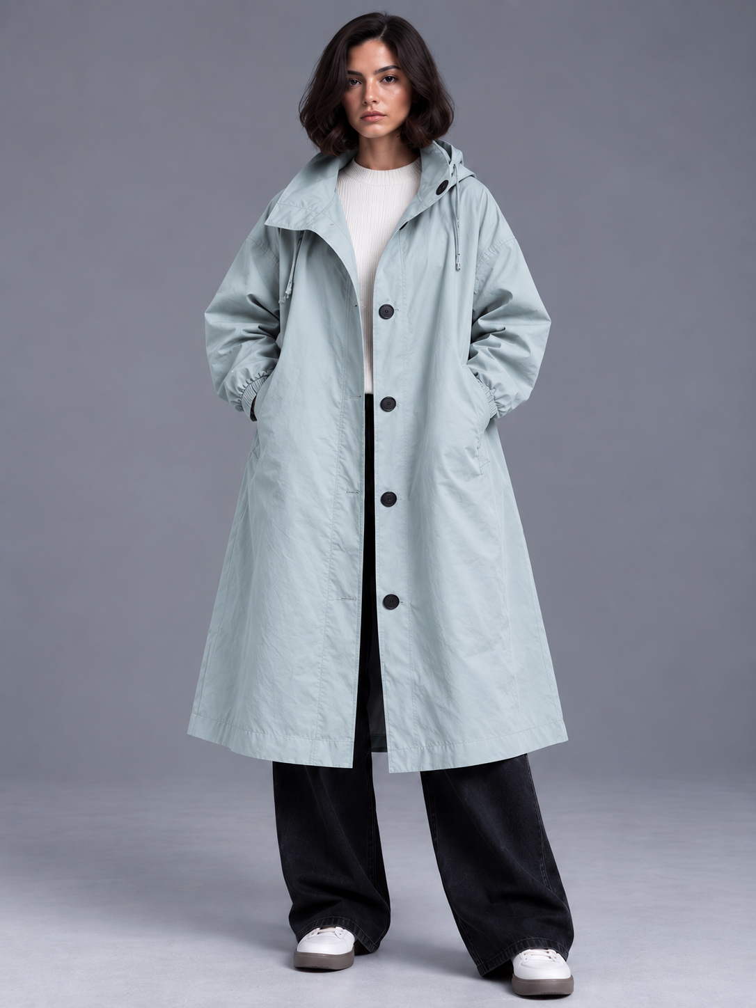 Lily | Women’s Hooded Button-Front Coat | Long Sleeves Side Pockets Everyday Wear - light blue, model view, image 17 - Glorysoul