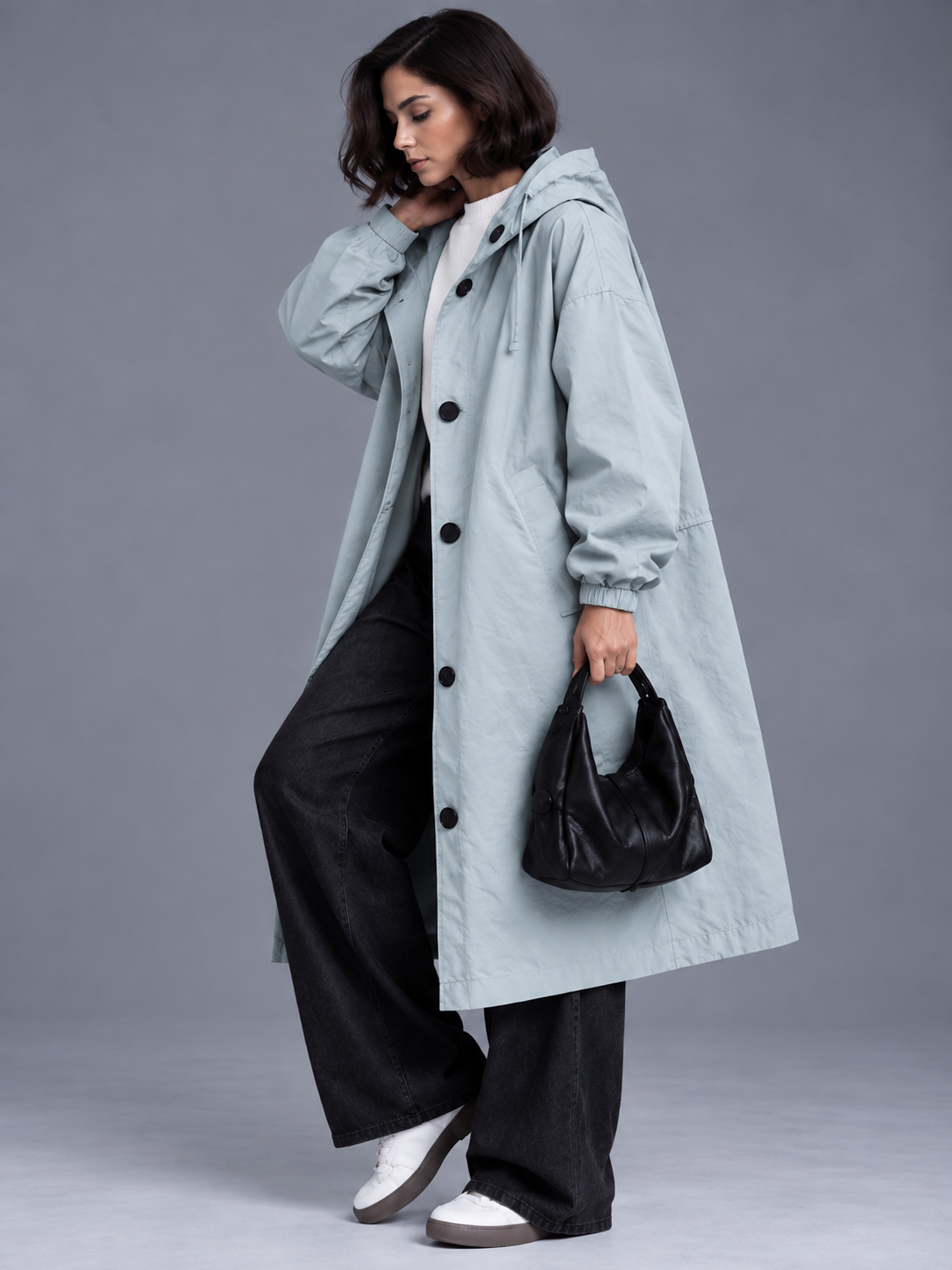 Lily | Women’s Hooded Button-Front Coat | Long Sleeves Side Pockets Everyday Wear - light blue, model view, image 18 - Glorysoul