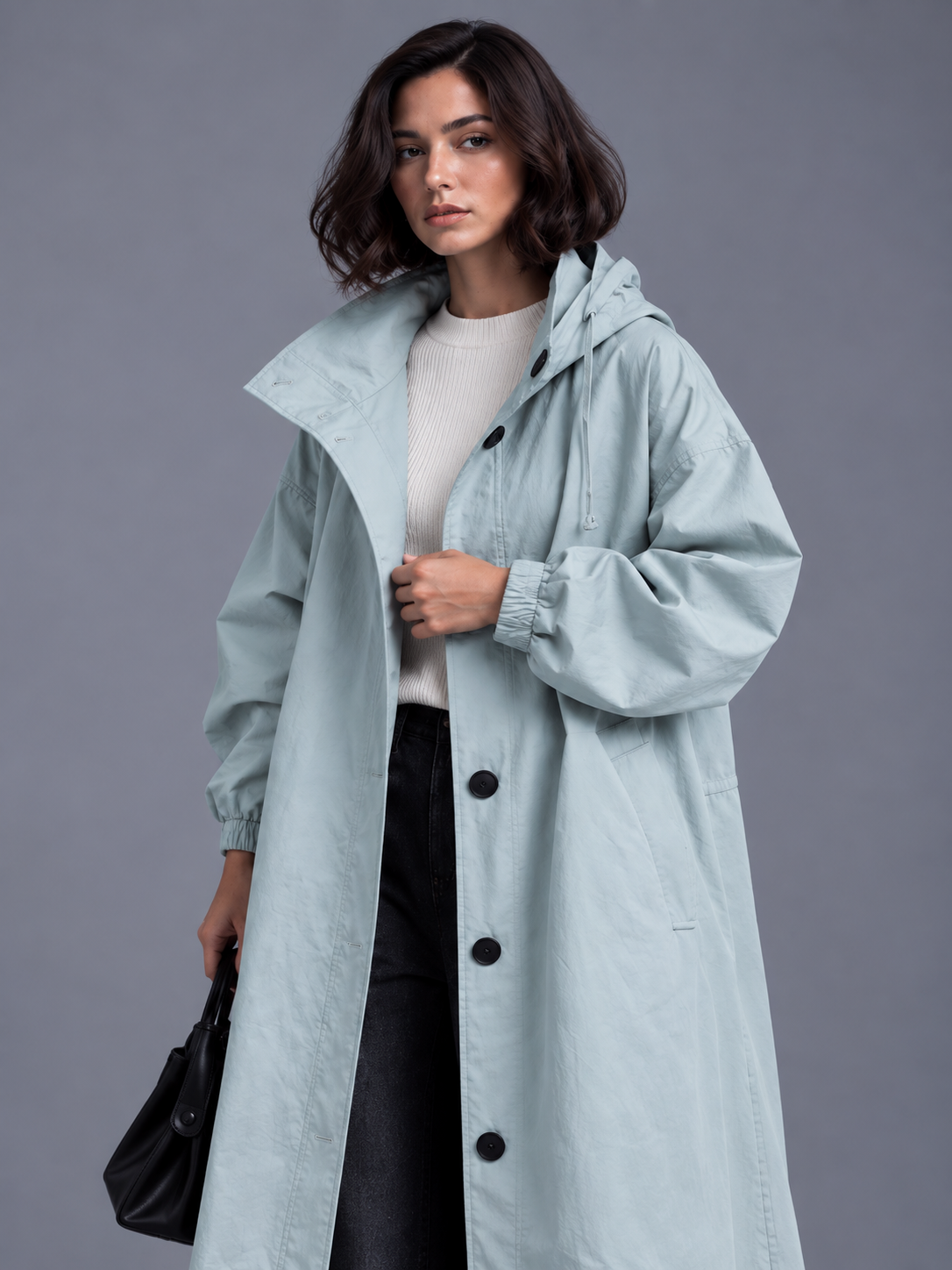 Lily | Women’s Hooded Button-Front Coat | Long Sleeves Side Pockets Everyday Wear - light blue, model view, image 19 - Glorysoul