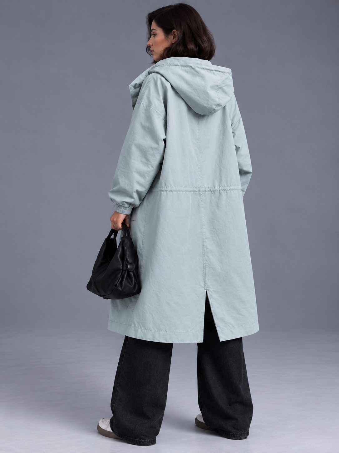 Lily | Women’s Hooded Button-Front Coat | Long Sleeves Side Pockets Everyday Wear - light blue, model view, image 20 - Glorysoul