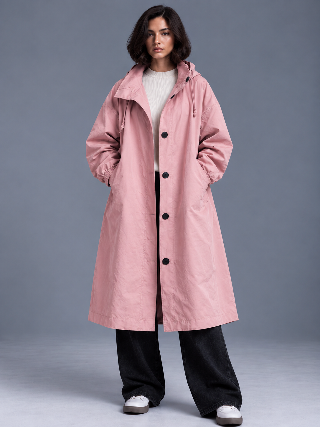 Lily | Women’s Hooded Button-Front Coat | Long Sleeves Side Pockets Everyday Wear - pink, model view, image 21 - Glorysoul
