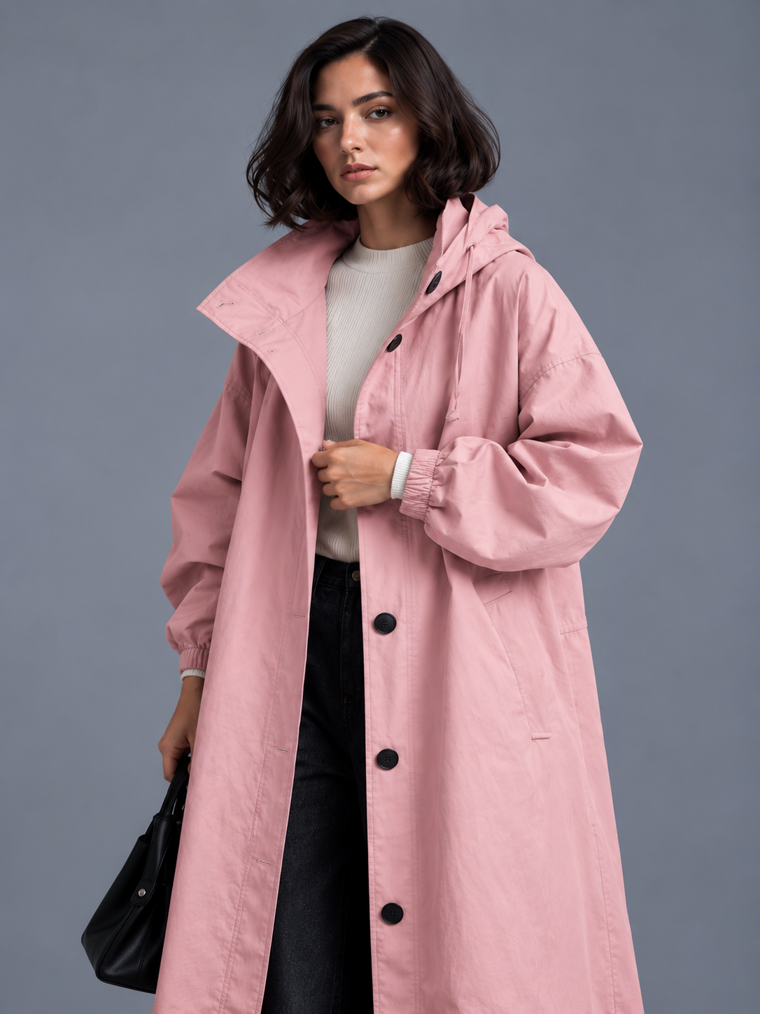 Lily | Women’s Hooded Button-Front Coat | Long Sleeves Side Pockets Everyday Wear - pink, model view, image 22 - Glorysoul