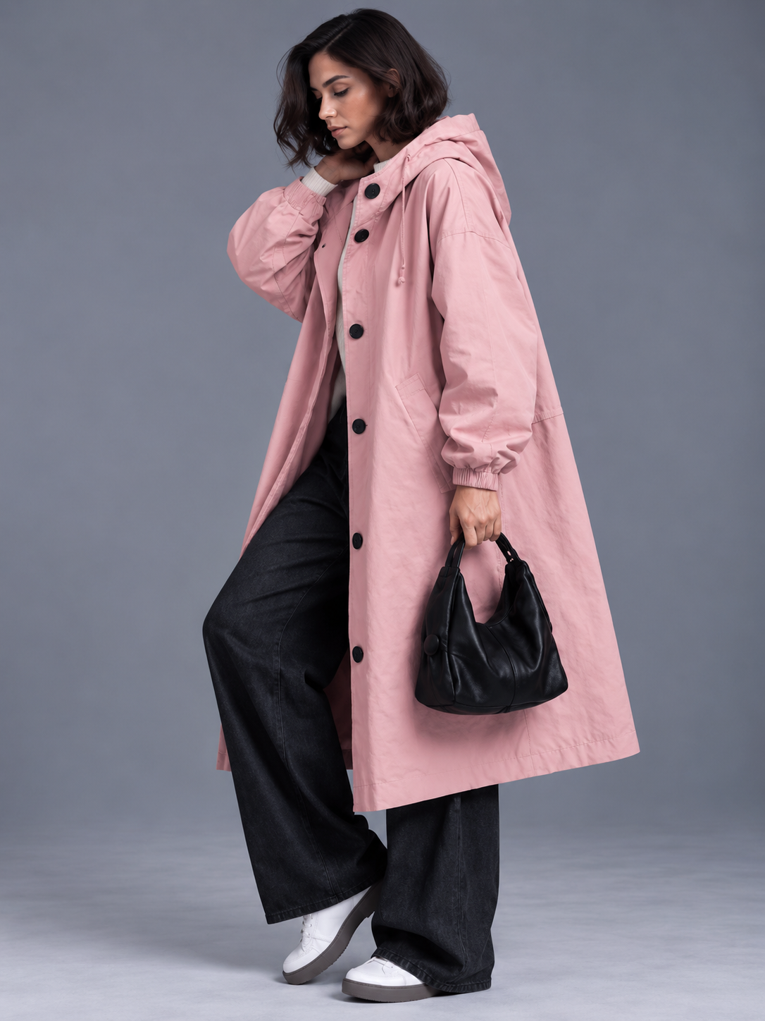 Lily | Women’s Hooded Button-Front Coat | Long Sleeves Side Pockets Everyday Wear - pink, model view, image 23 - Glorysoul