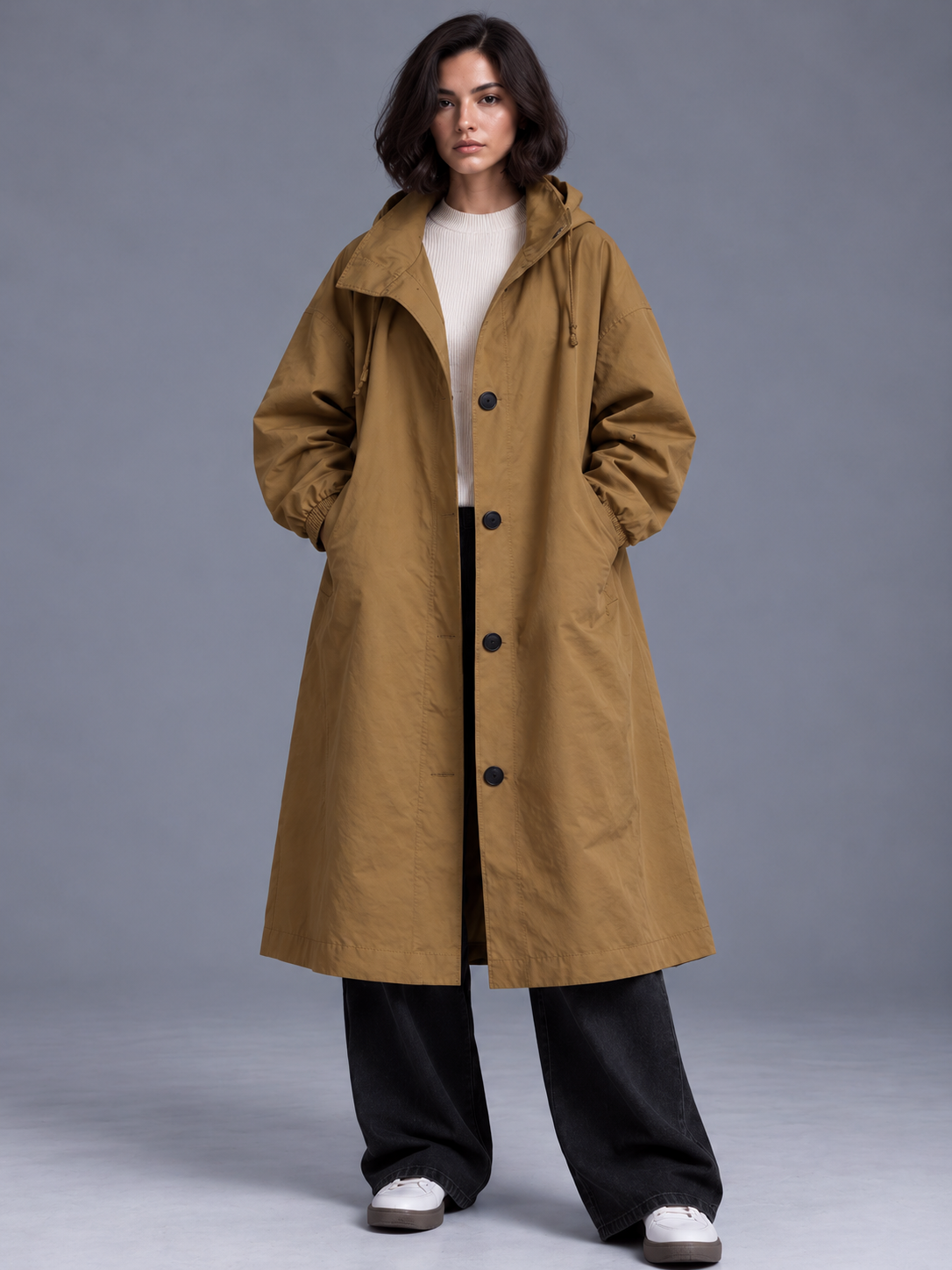 Lily | Women’s Hooded Button-Front Coat | Long Sleeves Side Pockets Everyday Wear - brown, model view, image 25 - Glorysoul