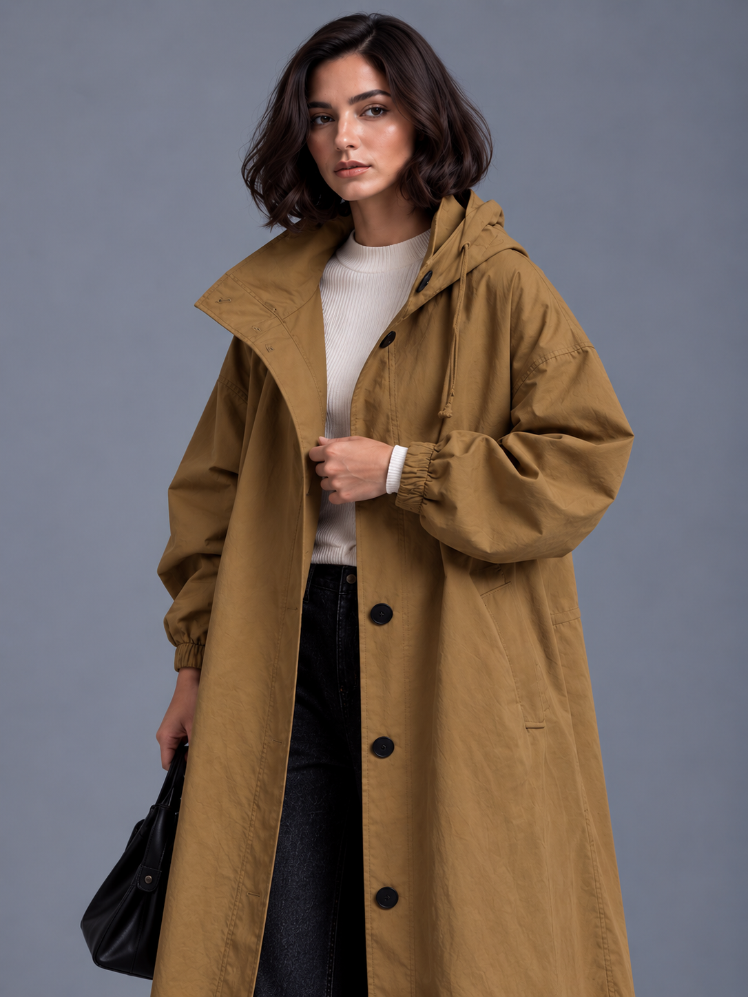 Lily | Women’s Hooded Button-Front Coat | Long Sleeves Side Pockets Everyday Wear - brown, model view, image 26 - Glorysoul
