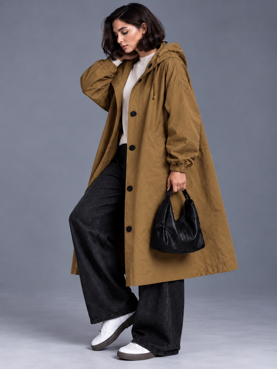 Lily | Women’s Hooded Button-Front Coat | Long Sleeves Side Pockets Everyday Wear - brown, model view, image 28 - Glorysoul
