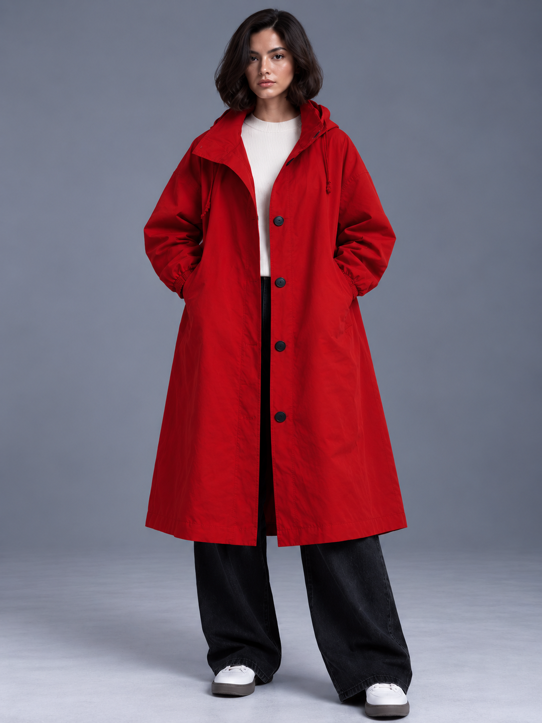 Lily | Women’s Hooded Button-Front Coat | Long Sleeves Side Pockets Everyday Wear - red, model view, image 29 - Glorysoul