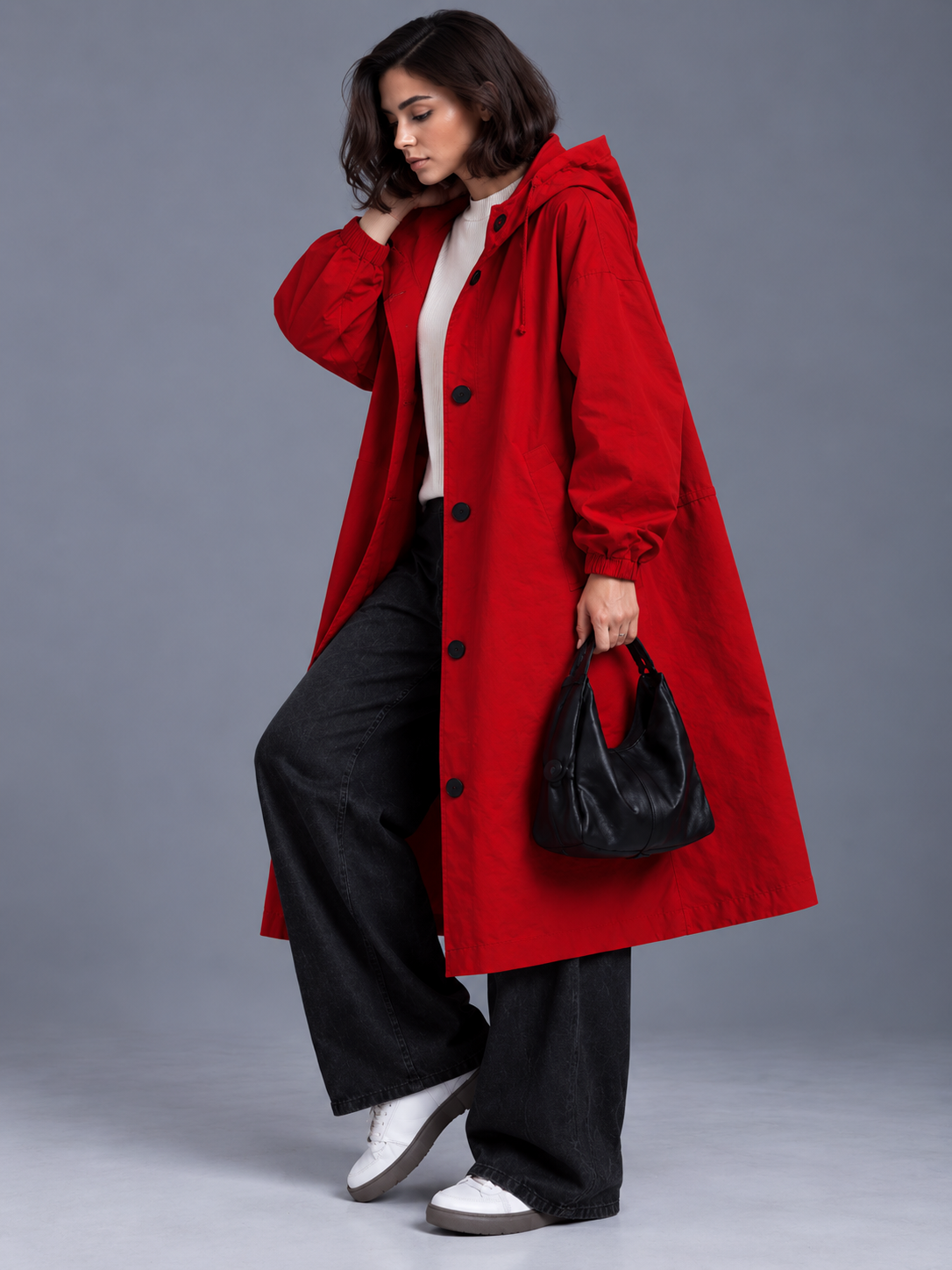 Lily | Women’s Hooded Button-Front Coat | Long Sleeves Side Pockets Everyday Wear - red, model view, image 30 - Glorysoul