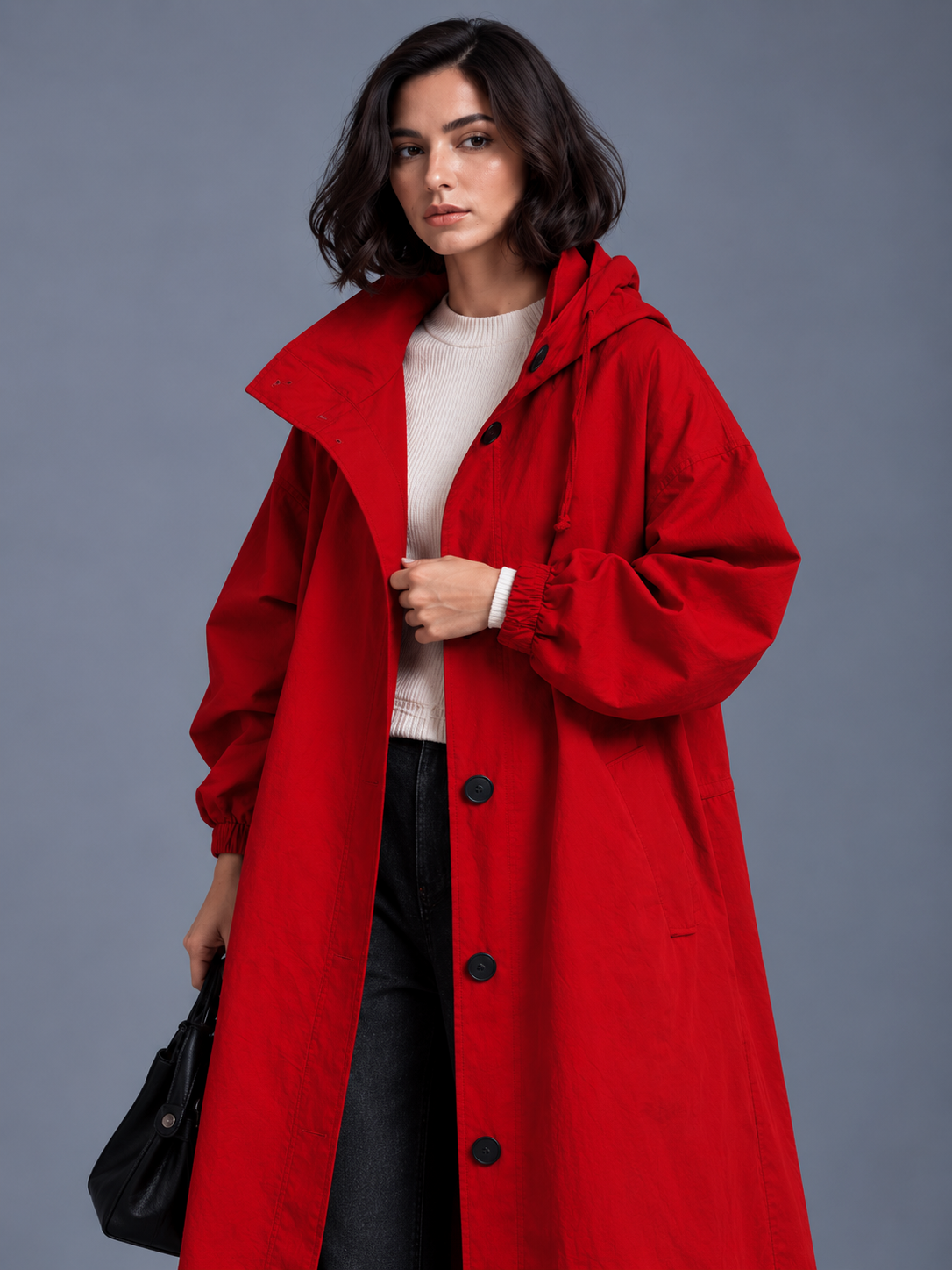 Lily | Women’s Hooded Button-Front Coat | Long Sleeves Side Pockets Everyday Wear - red, model view, image 31 - Glorysoul