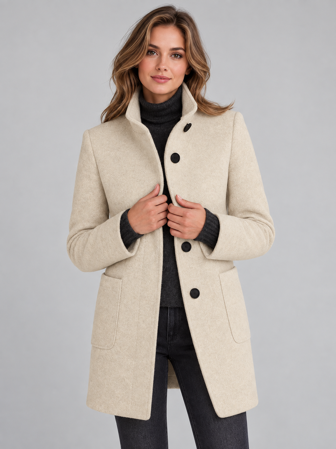 Mia | Women’s Stand-Collar Coat | Button Front Side Pockets Everyday Wear - beige, image 26 - Glorysoul