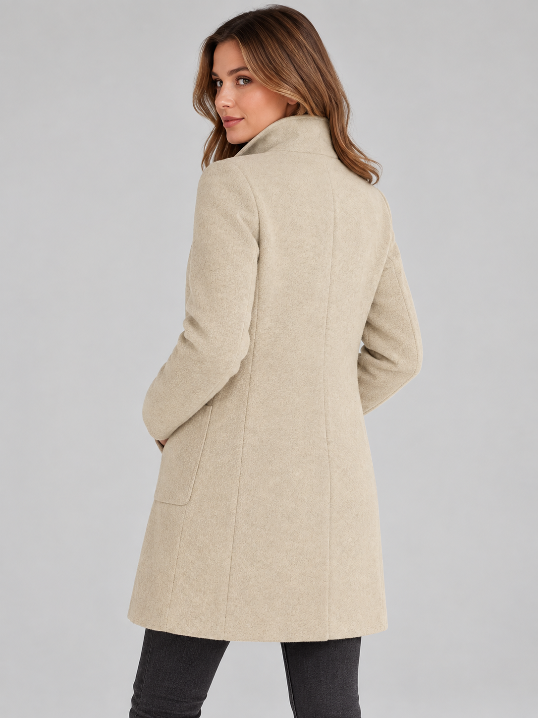 Mia | Women’s Stand-Collar Coat | Button Front Side Pockets Everyday Wear - beige, image 27 - Glorysoul