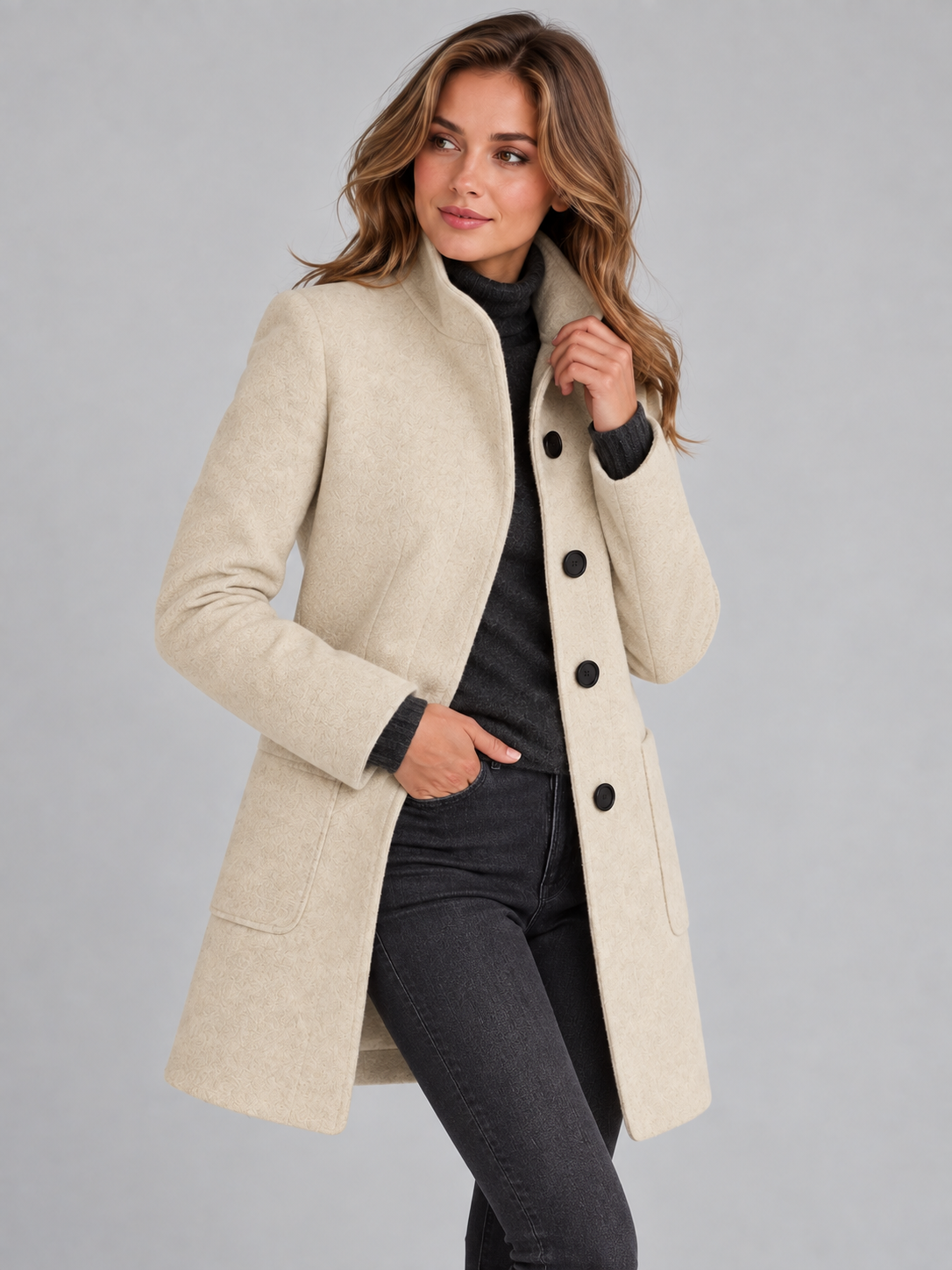 Mia | Women’s Stand-Collar Coat | Button Front Side Pockets Everyday Wear - beige, image 28 - Glorysoul