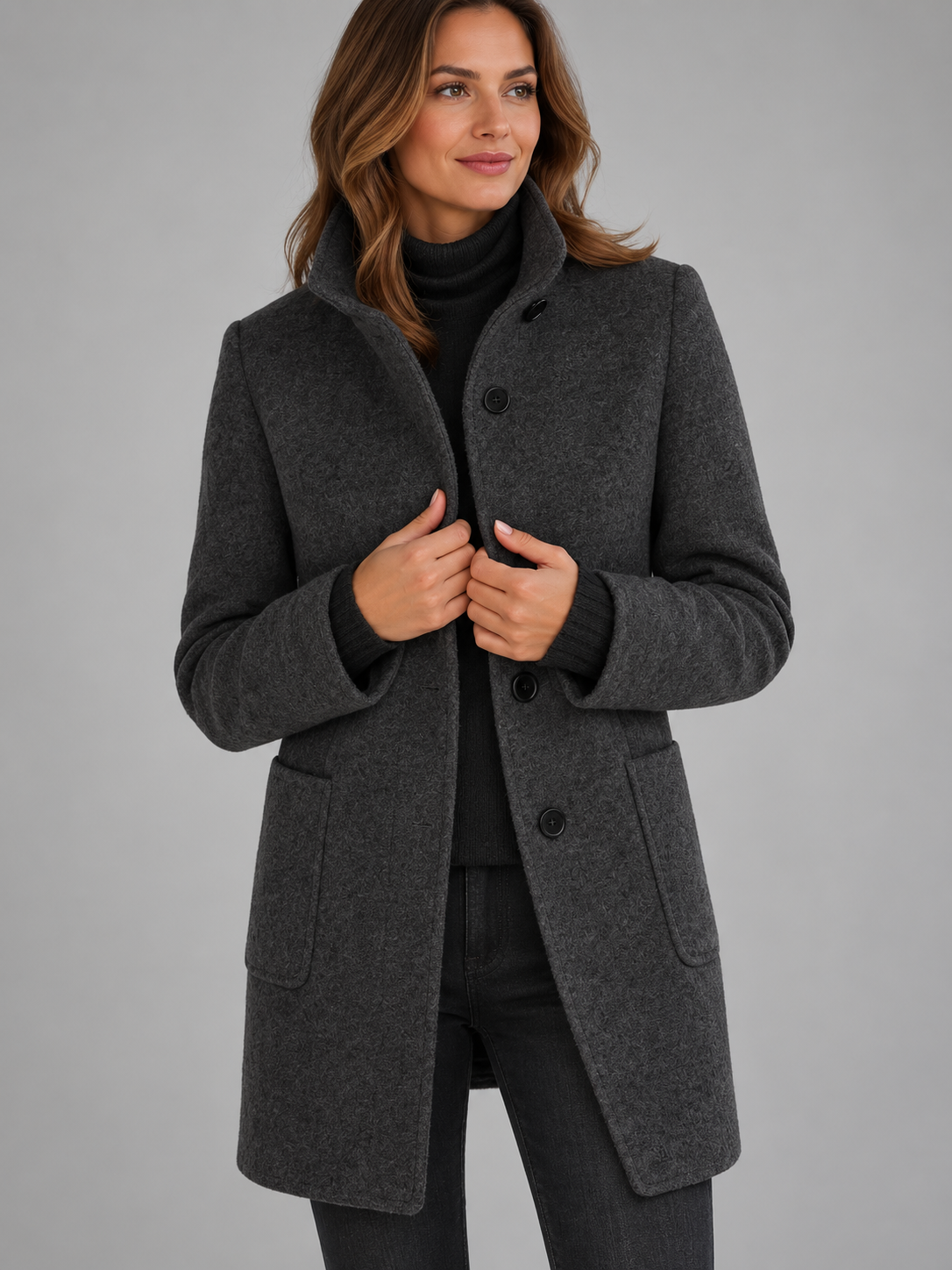 Mia | Women’s Stand-Collar Coat | Button Front Side Pockets Everyday Wear - black, image 14 - Glorysoul