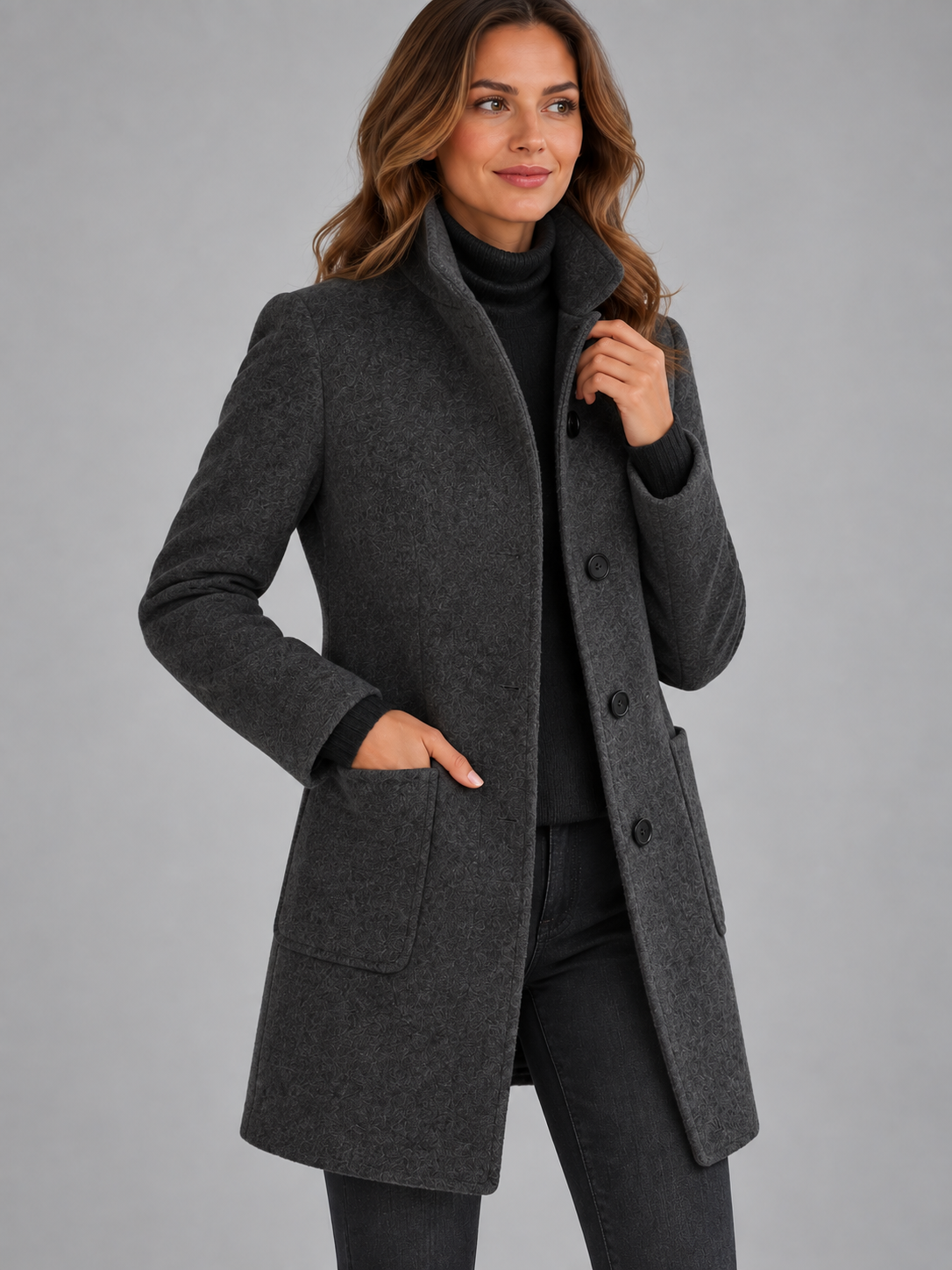 Mia | Women’s Stand-Collar Coat | Button Front Side Pockets Everyday Wear - black, image 15 - Glorysoul