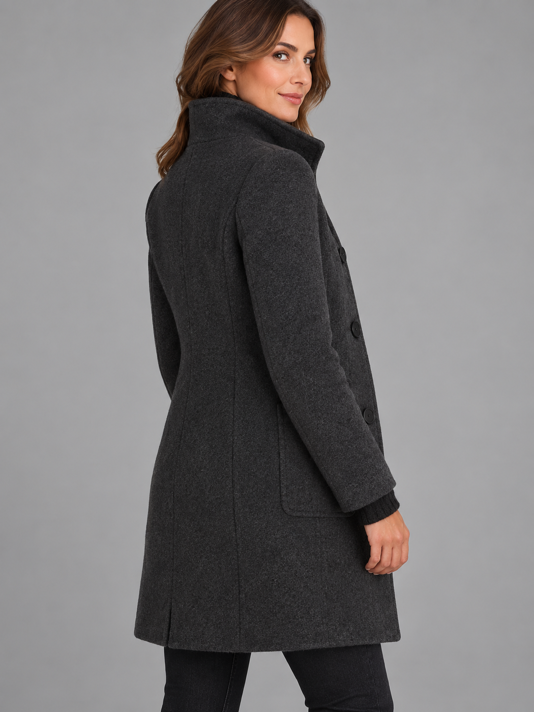 Mia | Women’s Stand-Collar Coat | Button Front Side Pockets Everyday Wear - black, image 16 - Glorysoul