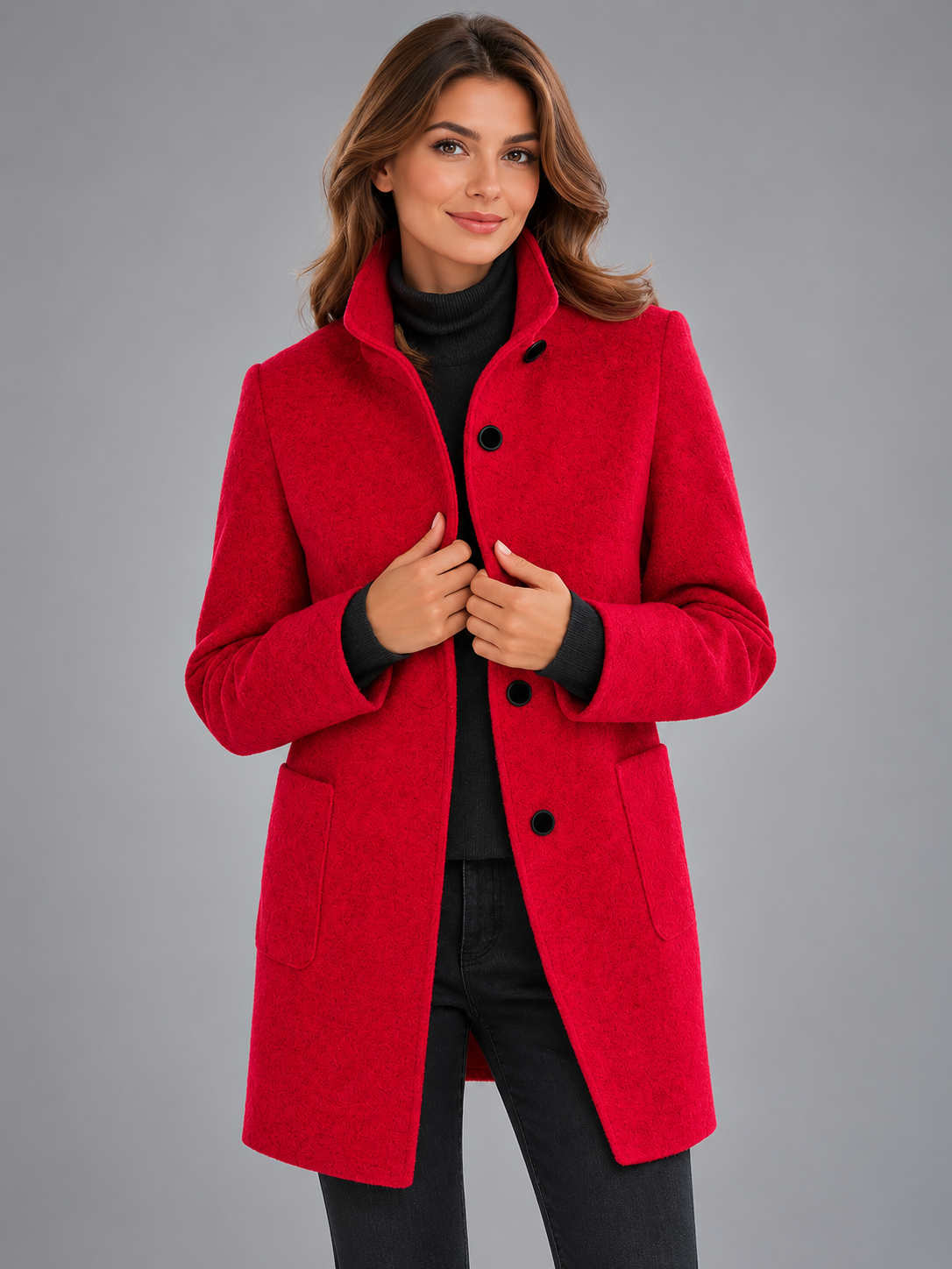 Mia | Women’s Stand-Collar Coat | Button Front Side Pockets Everyday Wear - burgundy red, image 17 - Glorysoul