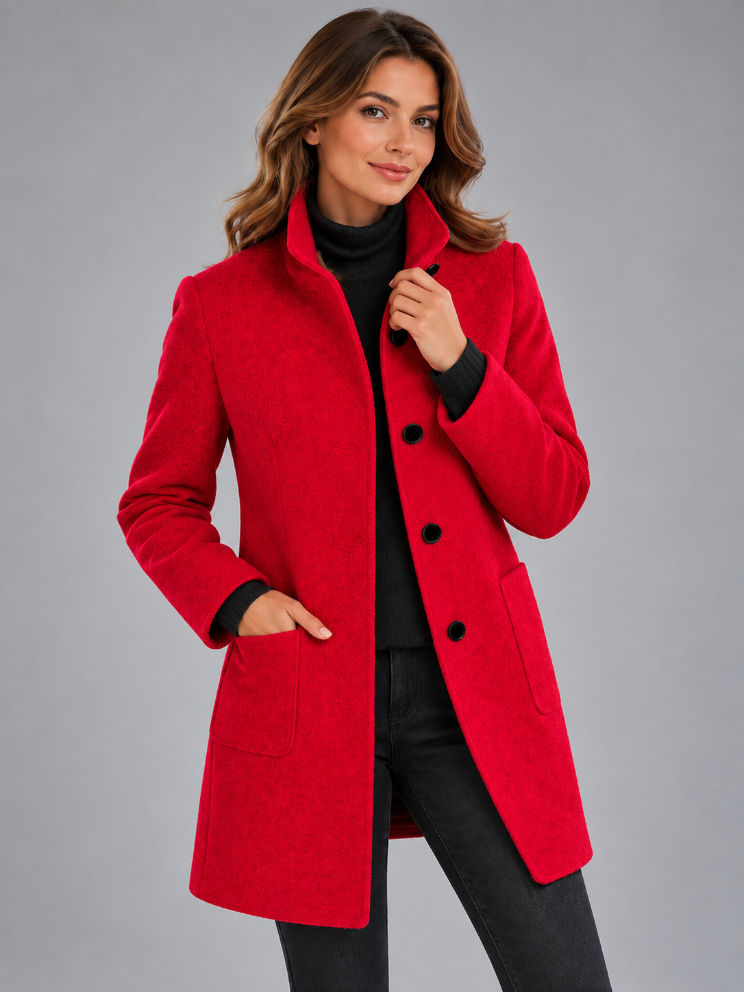 Mia | Women’s Stand-Collar Coat | Button Front Side Pockets Everyday Wear - burgundy red, image 18 - Glorysoul
