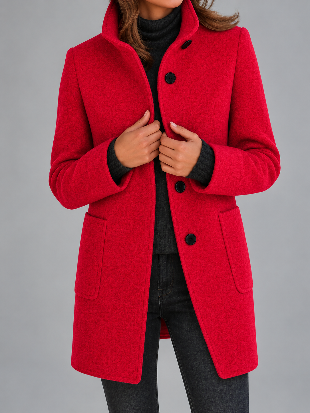 Mia | Women’s Stand-Collar Coat | Button Front Side Pockets Everyday Wear - burgundy red, image 19 - Glorysoul