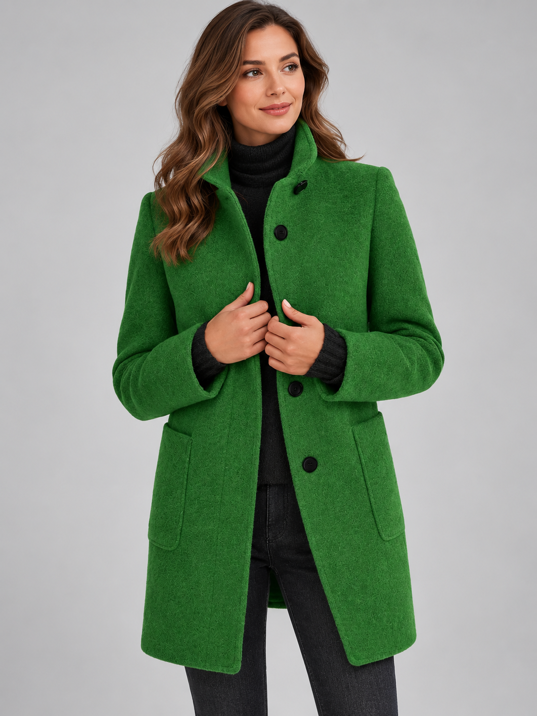 Mia | Women’s Stand-Collar Coat | Button Front Side Pockets Everyday Wear - forest green, image 11 - Glorysoul