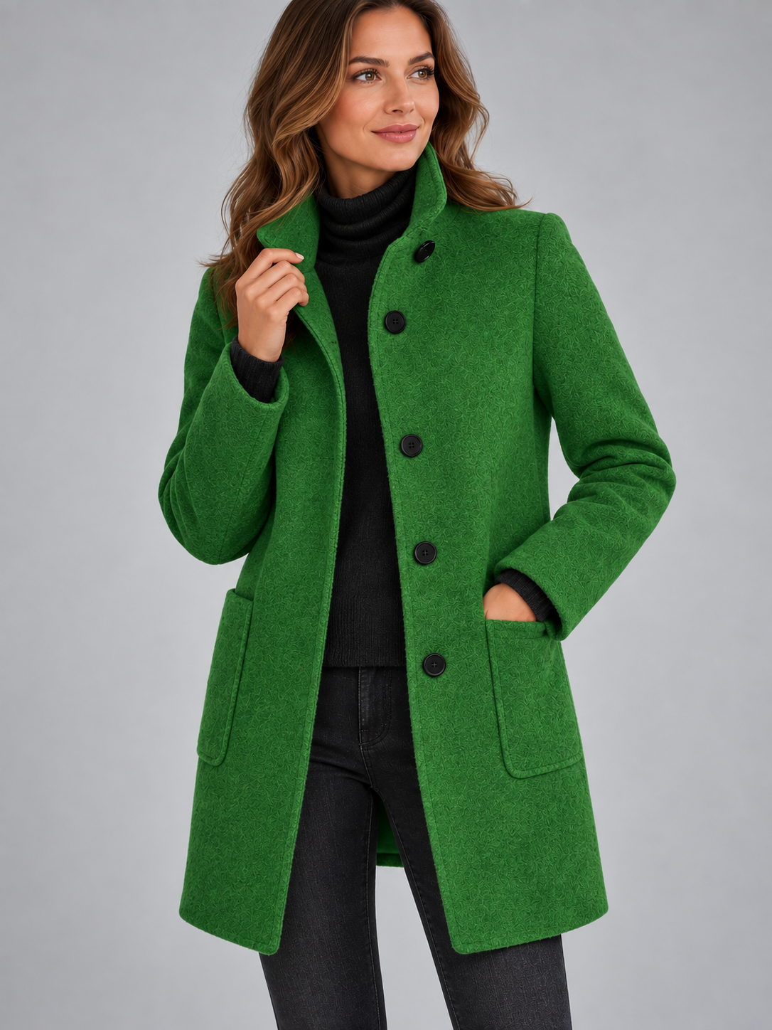 Mia | Women’s Stand-Collar Coat | Button Front Side Pockets Everyday Wear - forest green, image 12 - Glorysoul