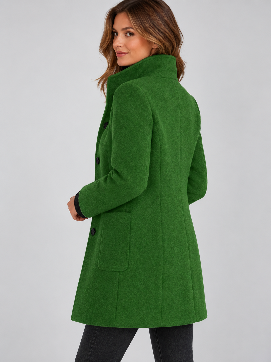 Mia | Women’s Stand-Collar Coat | Button Front Side Pockets Everyday Wear - forest green, image 13 - Glorysoul