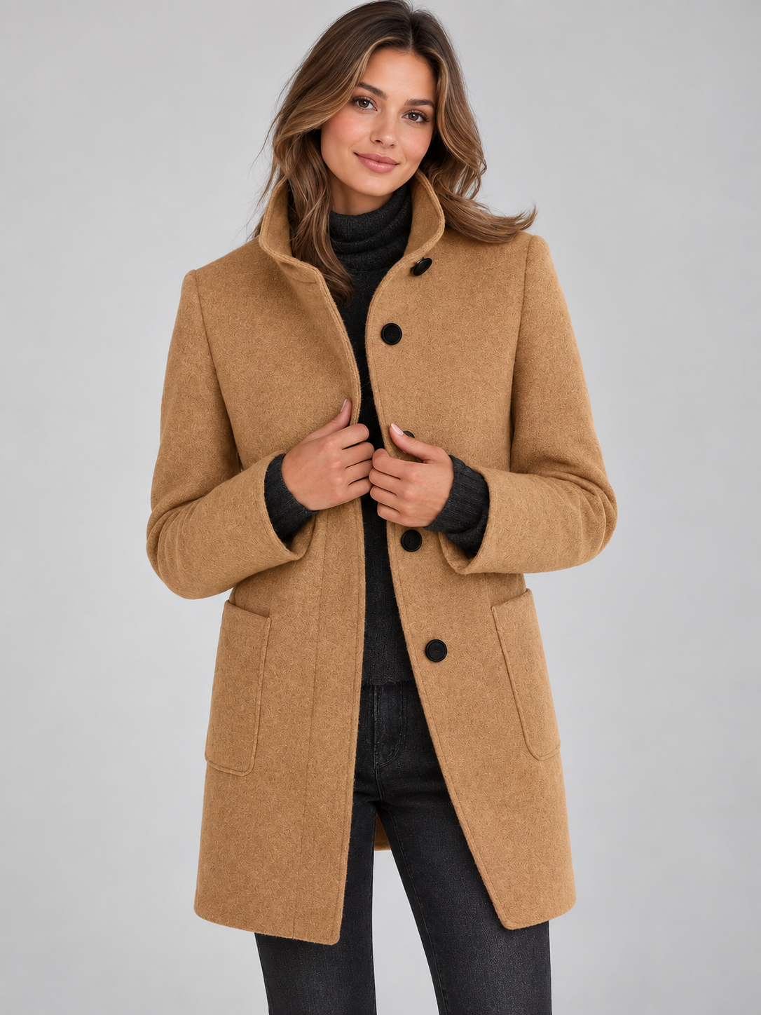 Mia | Women’s Stand-Collar Coat | Button Front Side Pockets Everyday Wear - khaki, image 20 - Glorysoul