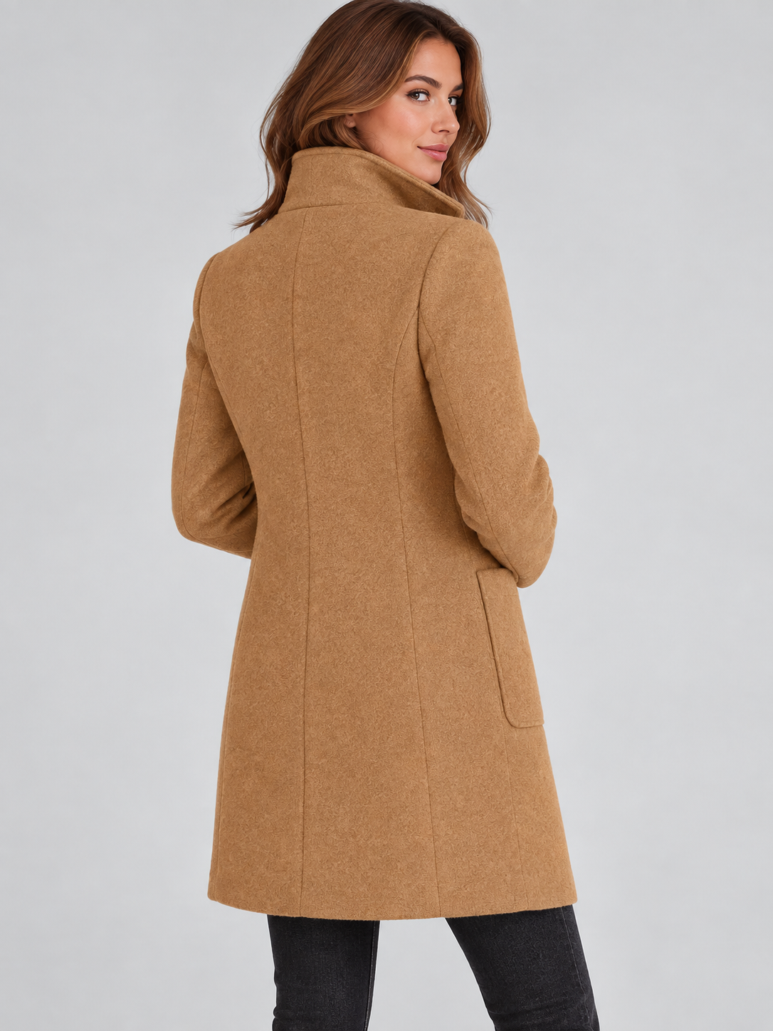 Mia | Women’s Stand-Collar Coat | Button Front Side Pockets Everyday Wear - khaki, image 21 - Glorysoul